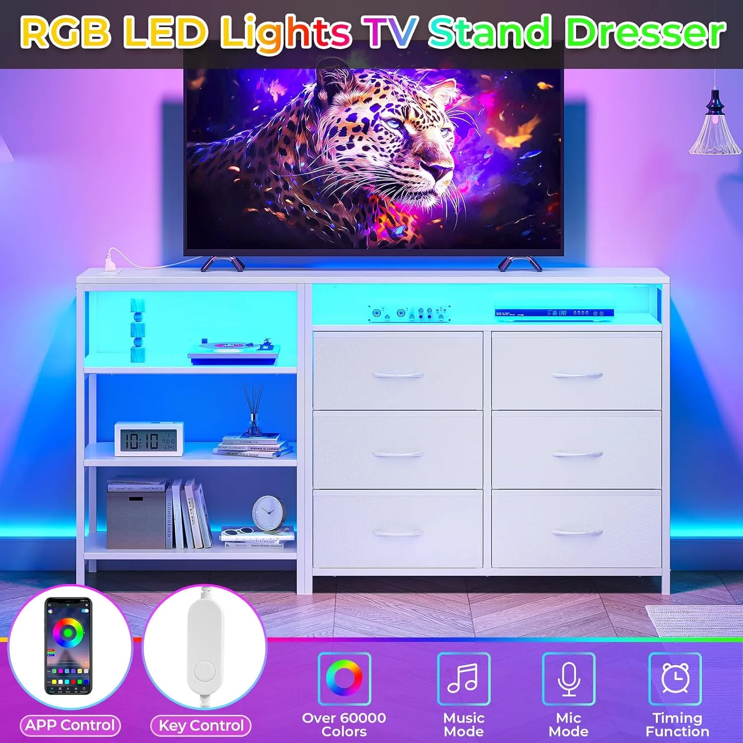 TV Stand for Bedroom with Power Outlets and LED Lights, TV Stand Dresser for 60 Inch TV, Changable L Shape TV Stand Dresser, TV Console with Open Shelf, 53.5 Inches Wide White Dresser, PU