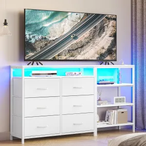 TV Stand for Bedroom with Power Outlets and LED Lights, TV Stand Dresser for 60 Inch TV, Changable L Shape TV Stand Dresser, TV Console with Open Shelf, 53.5 Inches Wide White Dresser, PU