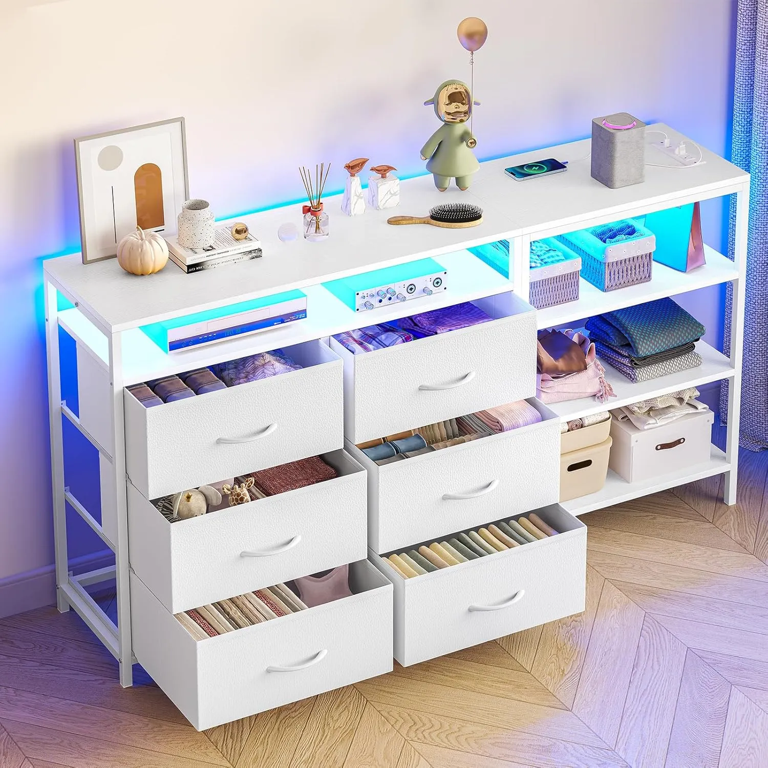 TV Stand for Bedroom with Power Outlets and LED Lights, TV Stand Dresser for 60 Inch TV, Changable L Shape TV Stand Dresser, TV Console with Open Shelf, 53.5 Inches Wide White Dresser, PU