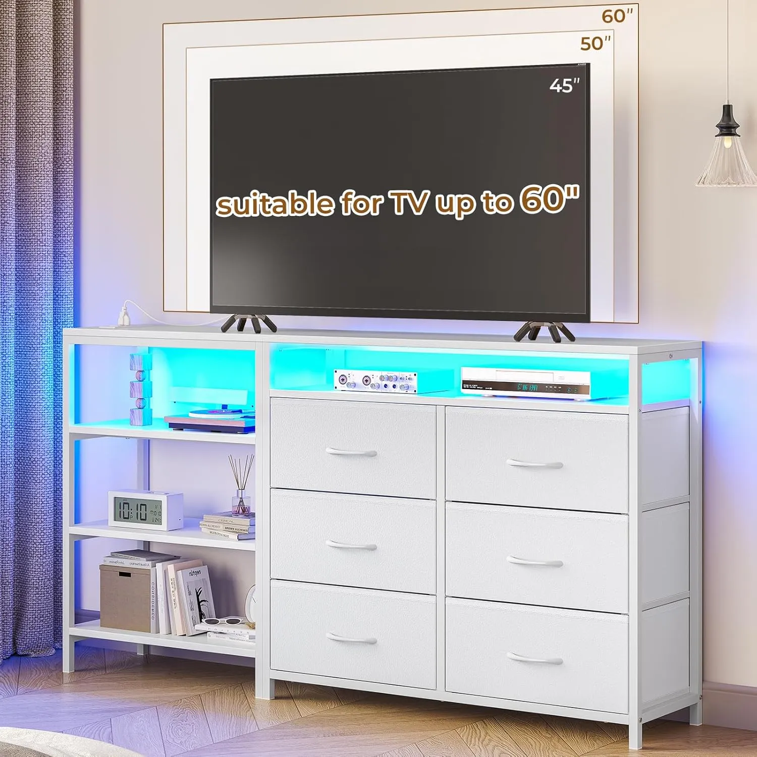TV Stand for Bedroom with Power Outlets and LED Lights, TV Stand Dresser for 60 Inch TV, Changable L Shape TV Stand Dresser, TV Console with Open Shelf, 53.5 Inches Wide White Dresser, PU