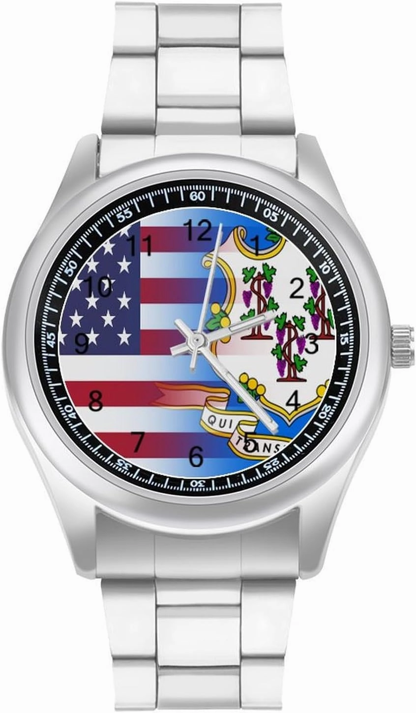U.S.A Connecticut State Flag Casual Wrist Watches for Men Classic Business Dress Watch Big Face for Work Gym