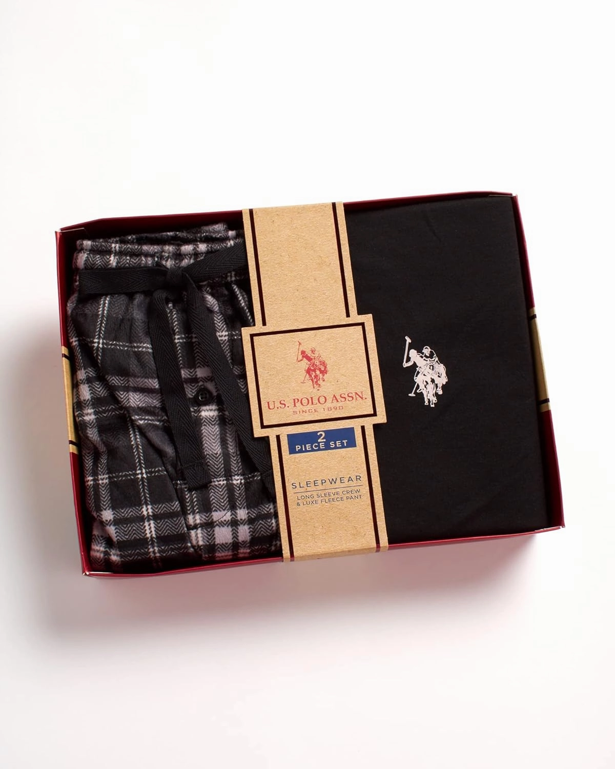 U.S. Polo Assn. Men's Pajama Set - 2 Piece Long Sleeve T-Shirt and Fleece Lounge Pants, Gift Box