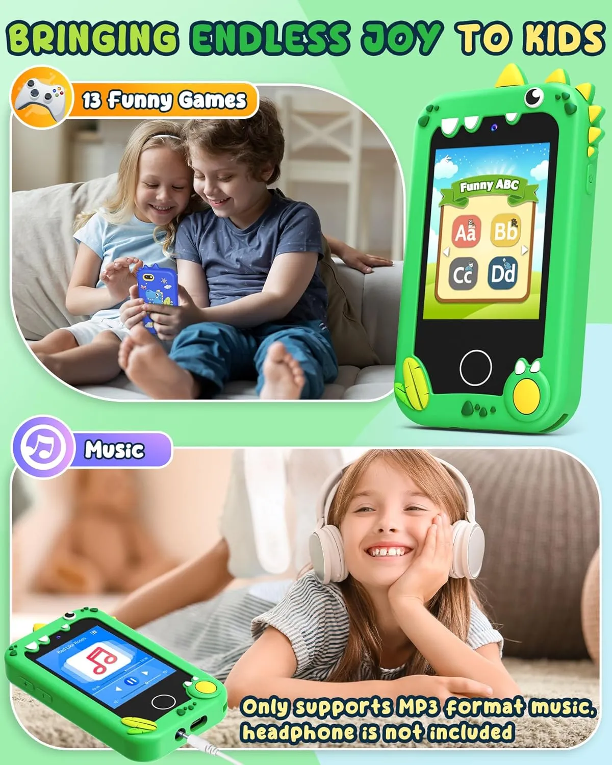 UCIDCI Dinosaur Kids Smart Phone Toys for Boy Dual Camera & Music Player Toddler Selfie Phone Toys Road Trip Toys with Learning Games, Christmas, Birthday Gifts for 3 4 5 6 7 Year Old Green