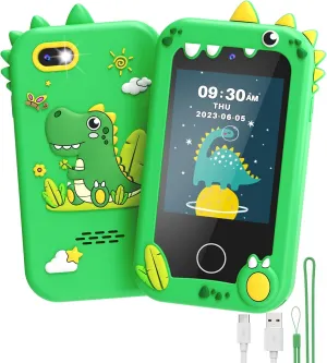 UCIDCI Dinosaur Kids Smart Phone Toys for Boy Dual Camera & Music Player Toddler Selfie Phone Toys Road Trip Toys with Learning Games, Christmas, Birthday Gifts for 3 4 5 6 7 Year Old Green