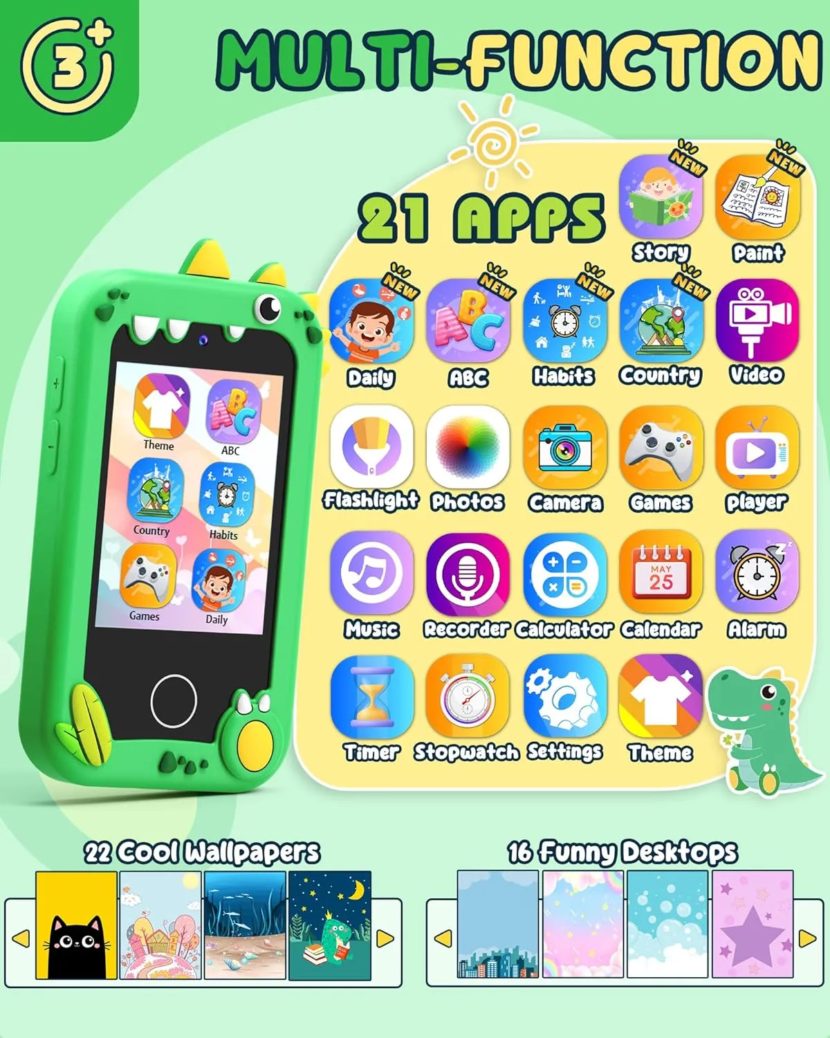 UCIDCI Dinosaur Kids Smart Phone Toys for Boy Dual Camera & Music Player Toddler Selfie Phone Toys Road Trip Toys with Learning Games, Christmas, Birthday Gifts for 3 4 5 6 7 Year Old Green