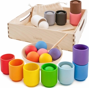 Ulanik Balls in Cups Toddler Montessori Toys for 1 Year Old   Kids Preschool Wooden Matching Games for Learning Color Sorting and Counting