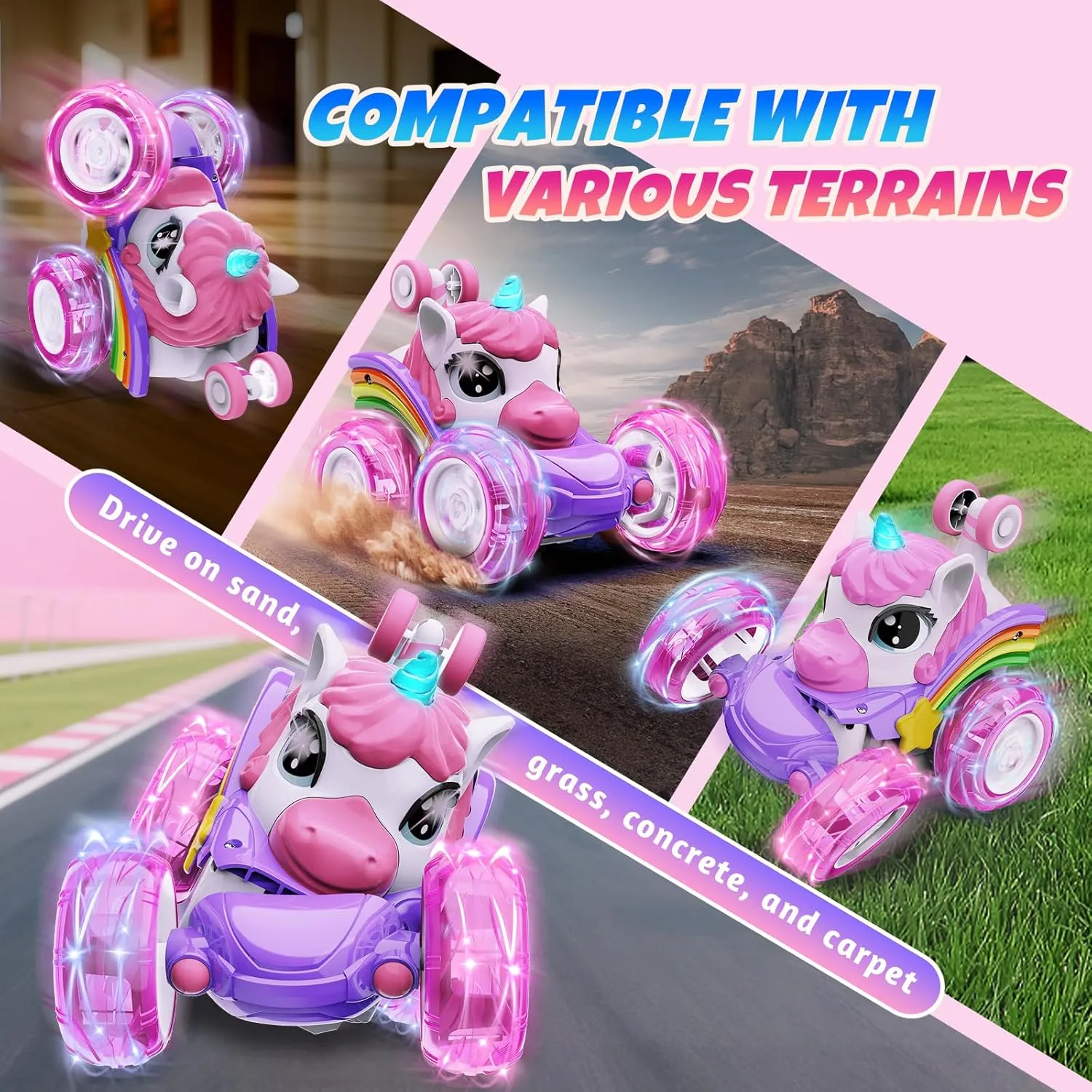 Unicorn Remote Control Car for Girls, 360° Rotating 4WD Stunt RC Cars with Cute Cool LED Lights, Rechargeable Car Toys Birthday Gifts for Kids Girl Age 3-6 7-9 10-12
