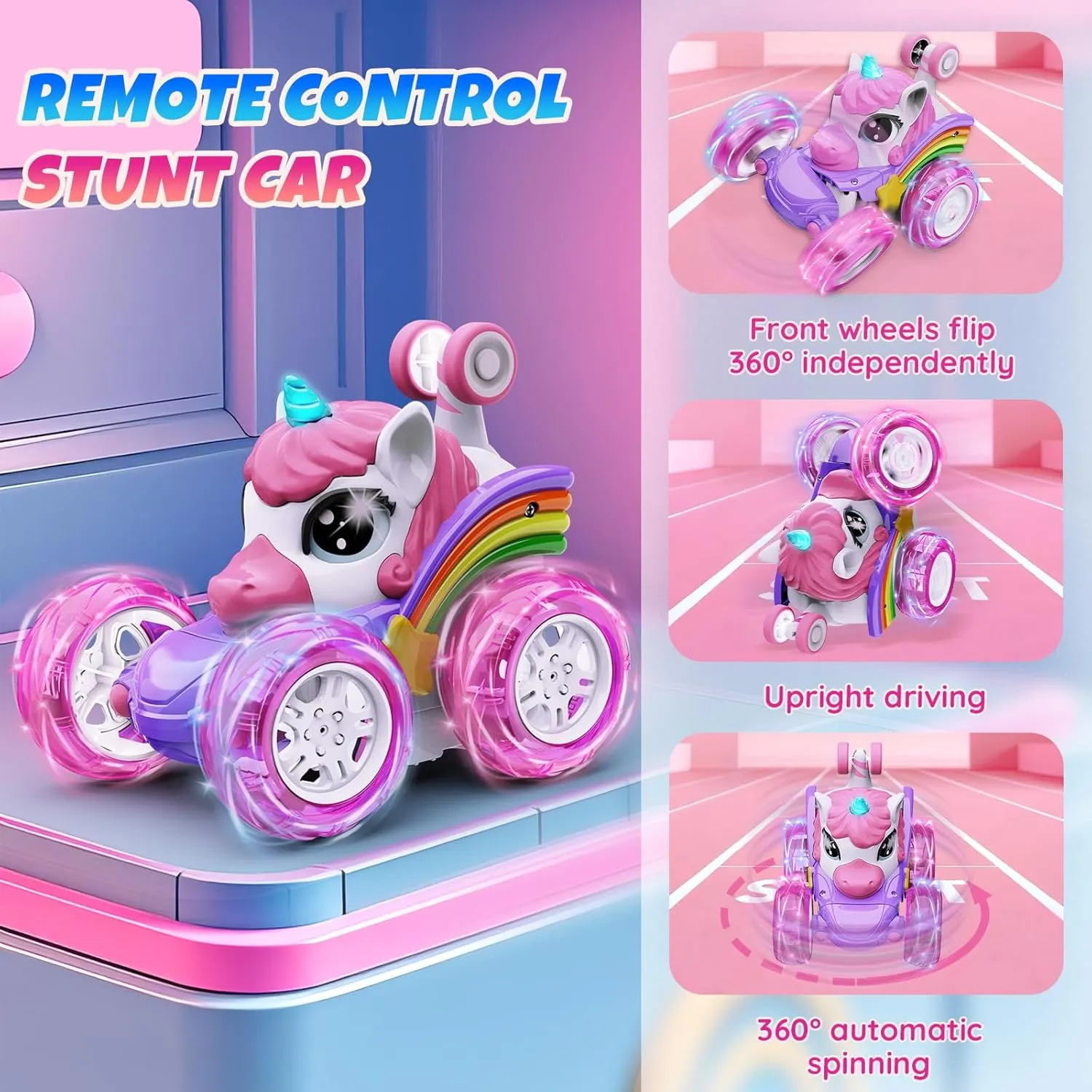 Unicorn Remote Control Car for Girls, 360° Rotating 4WD Stunt RC Cars with Cute Cool LED Lights, Rechargeable Car Toys Birthday Gifts for Kids Girl Age 3-6 7-9 10-12