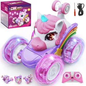 Unicorn Remote Control Car for Girls, 360° Rotating 4WD Stunt RC Cars with Cute Cool LED Lights, Rechargeable Car Toys Birthday Gifts for Kids Girl Age 3-6 7-9 10-12