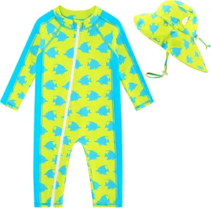 UNIFACO Baby Boy Swimsuit UPF 50  Sun Protection One Piece Zip Bathing Suit with Sun Hat Infant Sunsuit Swimwear