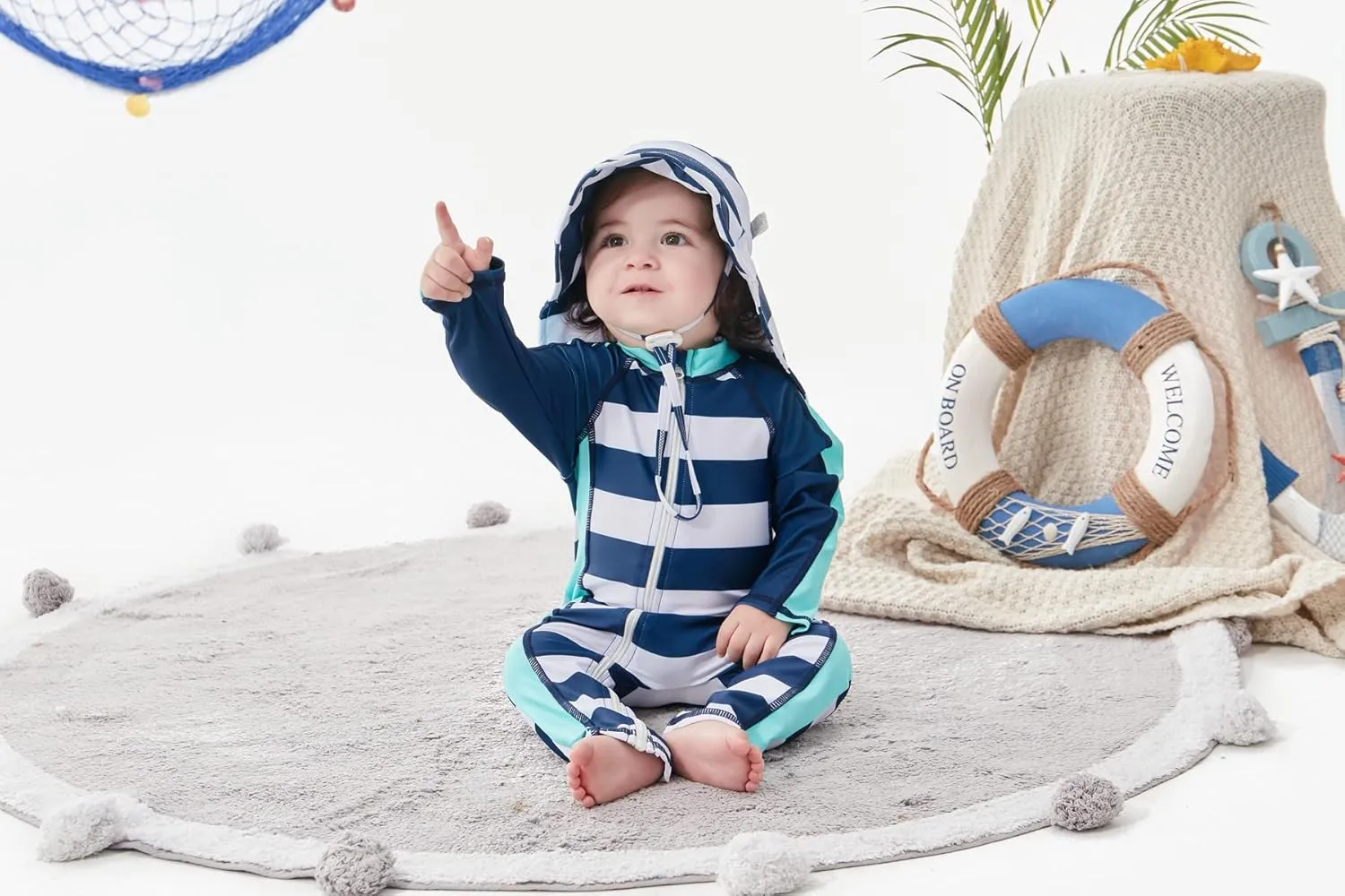 UNIFACO Baby Boy Swimsuit UPF 50  Sun Protection One Piece Zip Bathing Suit with Sun Hat Infant Sunsuit Swimwear