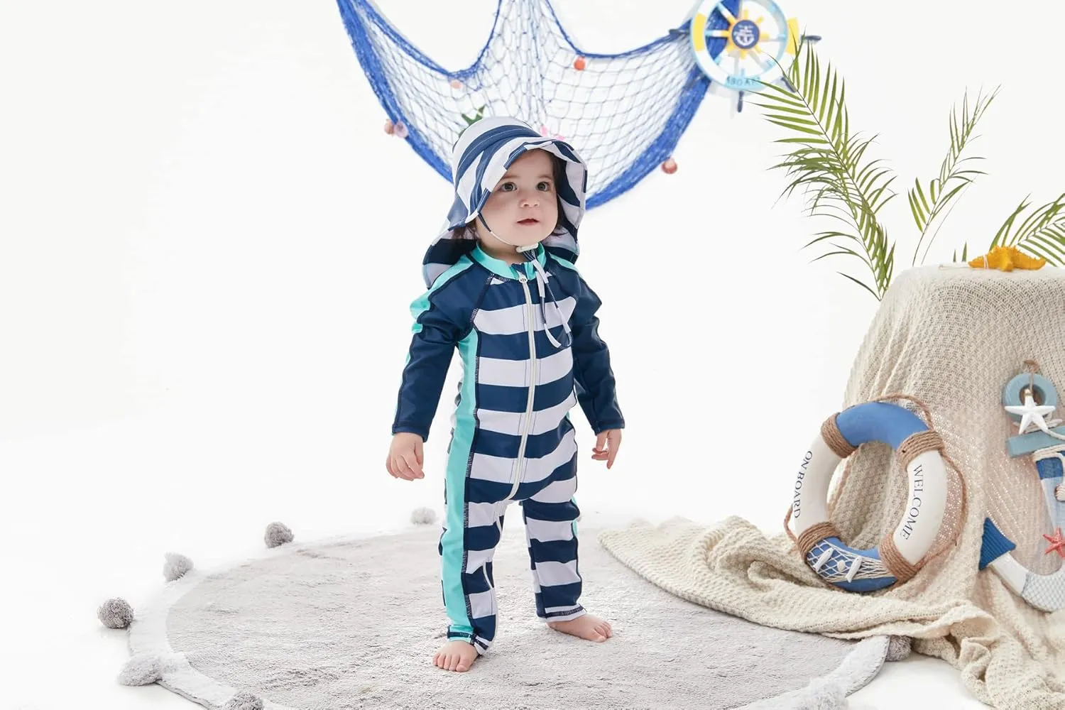 UNIFACO Baby Boy Swimsuit UPF 50  Sun Protection One Piece Zip Bathing Suit with Sun Hat Infant Sunsuit Swimwear