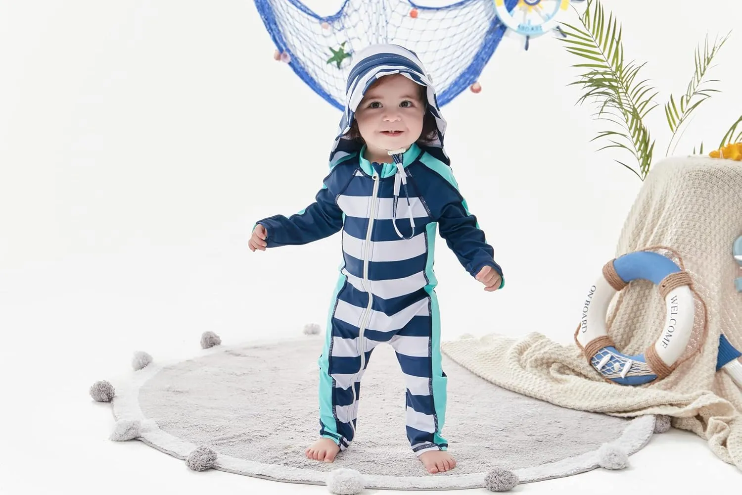 UNIFACO Baby Boy Swimsuit UPF 50  Sun Protection One Piece Zip Bathing Suit with Sun Hat Infant Sunsuit Swimwear