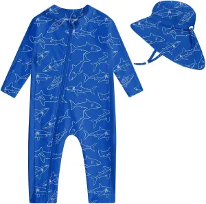 UNIFACO Baby Boy Swimsuit UPF 50  Sun Protection One Piece Zip Bathing Suit with Sun Hat Infant Sunsuit Swimwear