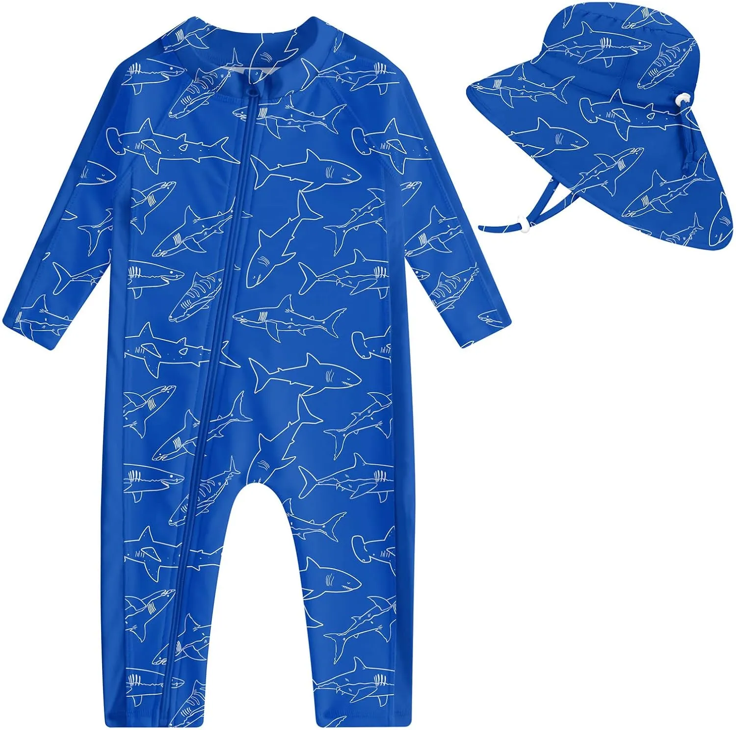 UNIFACO Baby Boy Swimsuit UPF 50  Sun Protection One Piece Zip Bathing Suit with Sun Hat Infant Sunsuit Swimwear