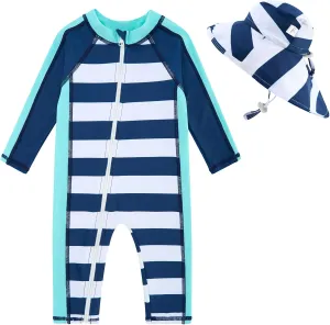 UNIFACO Baby Boy Swimsuit UPF 50  Sun Protection One Piece Zip Bathing Suit with Sun Hat Infant Sunsuit Swimwear