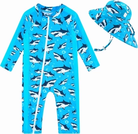 UNIFACO Baby Boy Swimsuit UPF 50  Sun Protection One Piece Zip Bathing Suit with Sun Hat Infant Sunsuit Swimwear