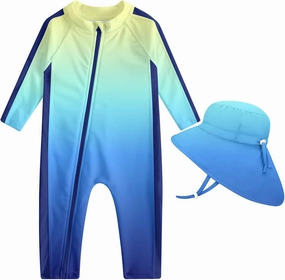 UNIFACO Baby Boy Swimsuit UPF 50  Sun Protection One Piece Zip Bathing Suit with Sun Hat Infant Sunsuit Swimwear