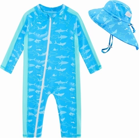UNIFACO Baby Boy Swimsuit UPF 50  Sun Protection One Piece Zip Bathing Suit with Sun Hat Infant Sunsuit Swimwear