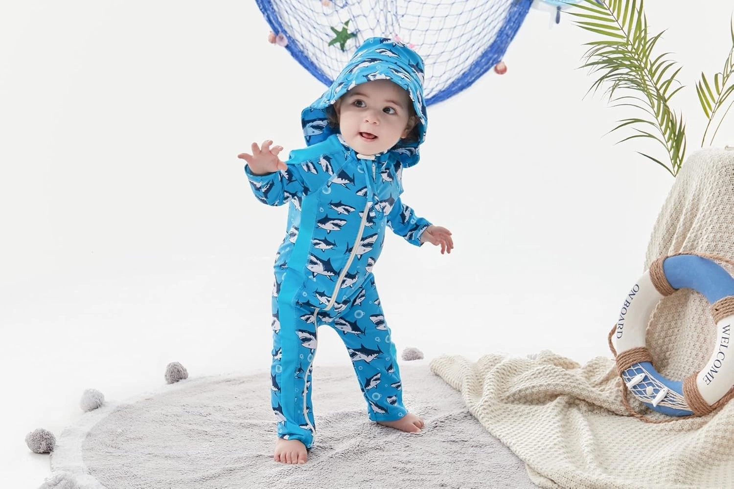 UNIFACO Baby Boy Swimsuit UPF 50  Sun Protection One Piece Zip Bathing Suit with Sun Hat Infant Sunsuit Swimwear