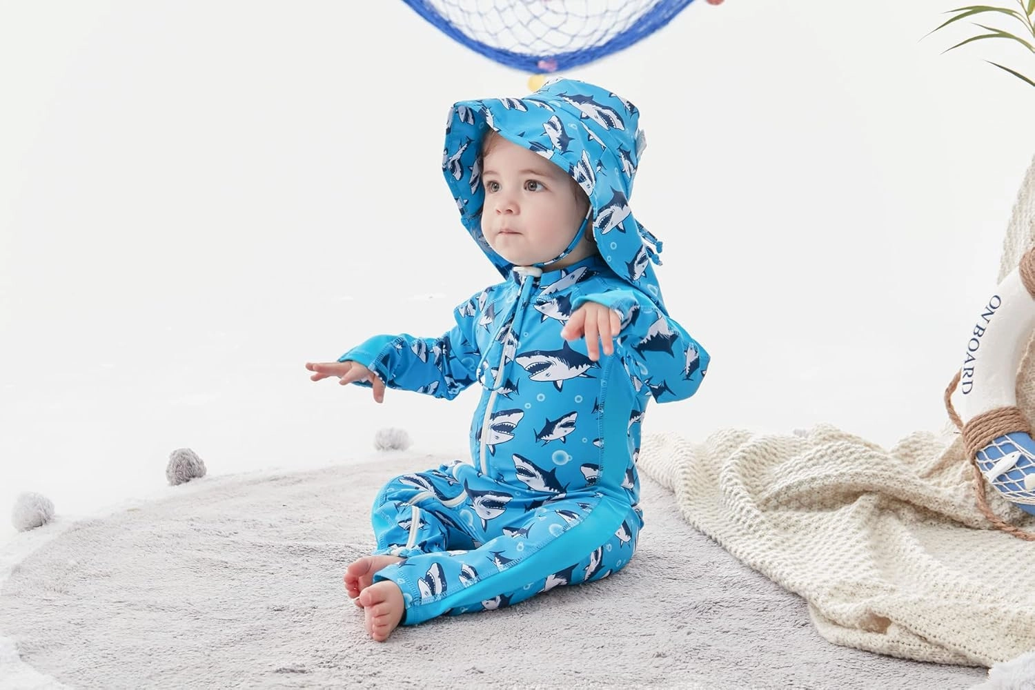 UNIFACO Baby Boy Swimsuit UPF 50  Sun Protection One Piece Zip Bathing Suit with Sun Hat Infant Sunsuit Swimwear
