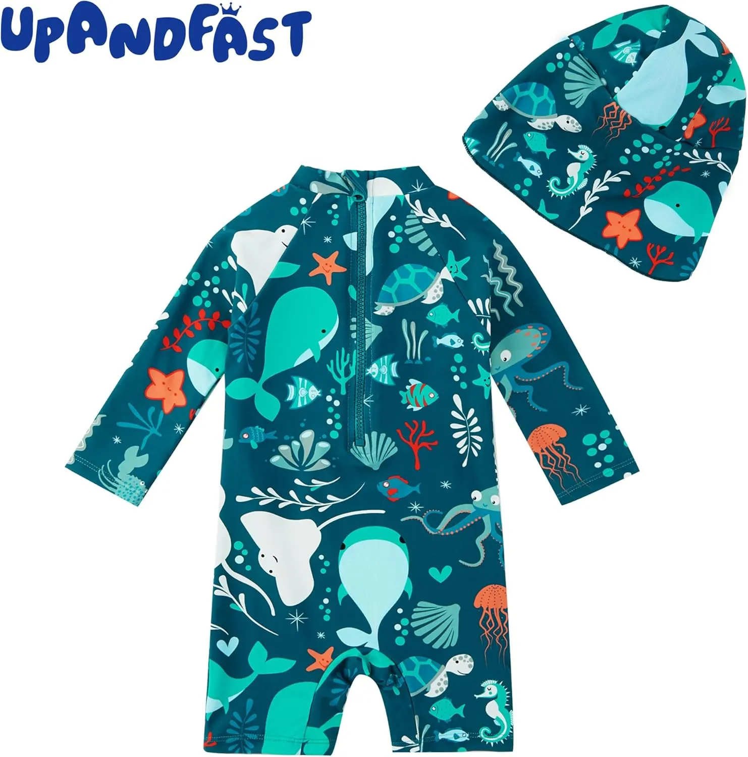 upandfast Baby/Toddler Swimsuit UPF 50  Sun Protection One Piece Zipper Bathing Suit with Sun Hat Infant Beach Swimwear
