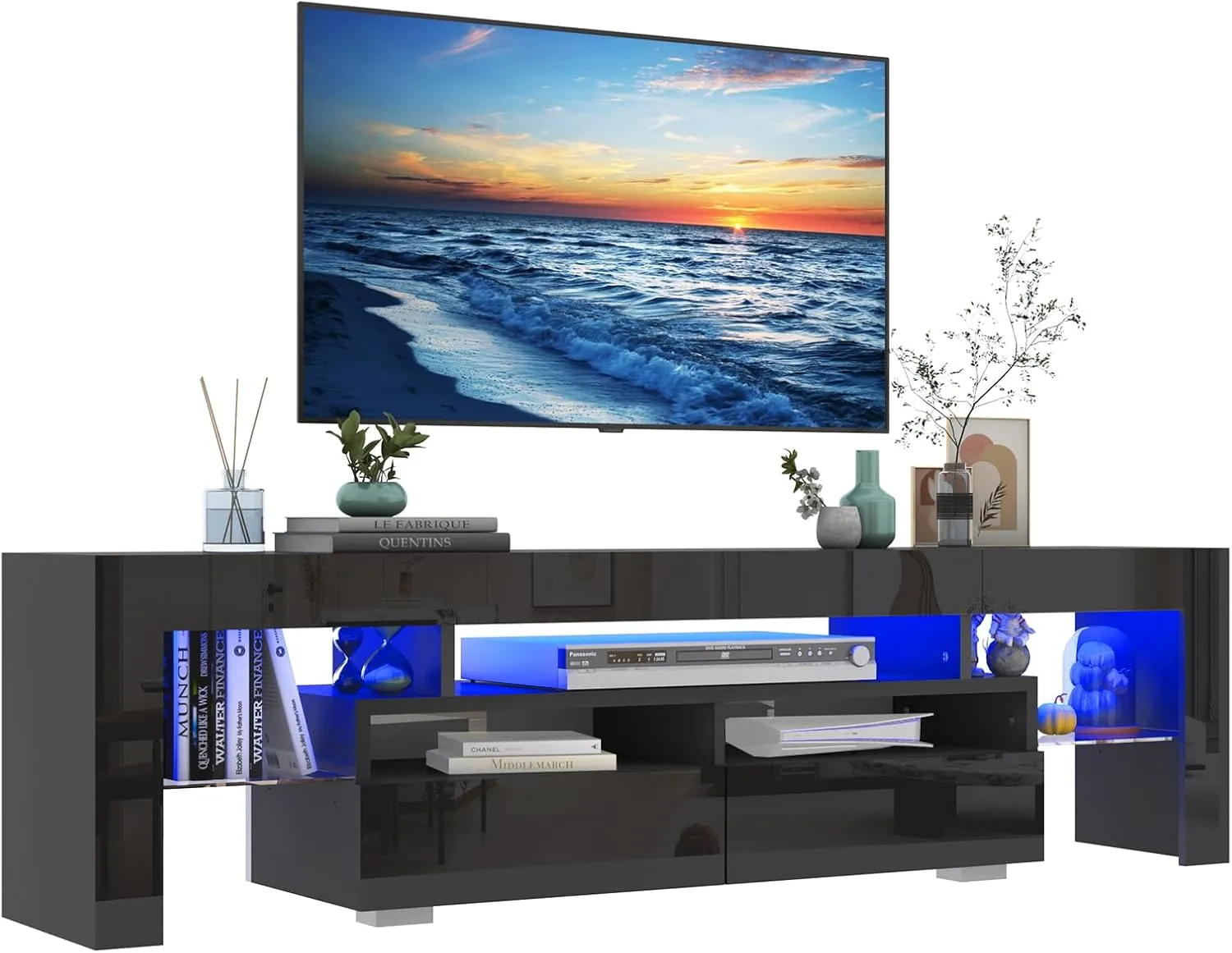 Vinctik 6&Fox Black TV Stand for 55/60/65inch TV,Modern Entertainment Center with 2 Storage Drawers and LED Light, High Glossy TV Console Table Media Furniture(63inch Black)