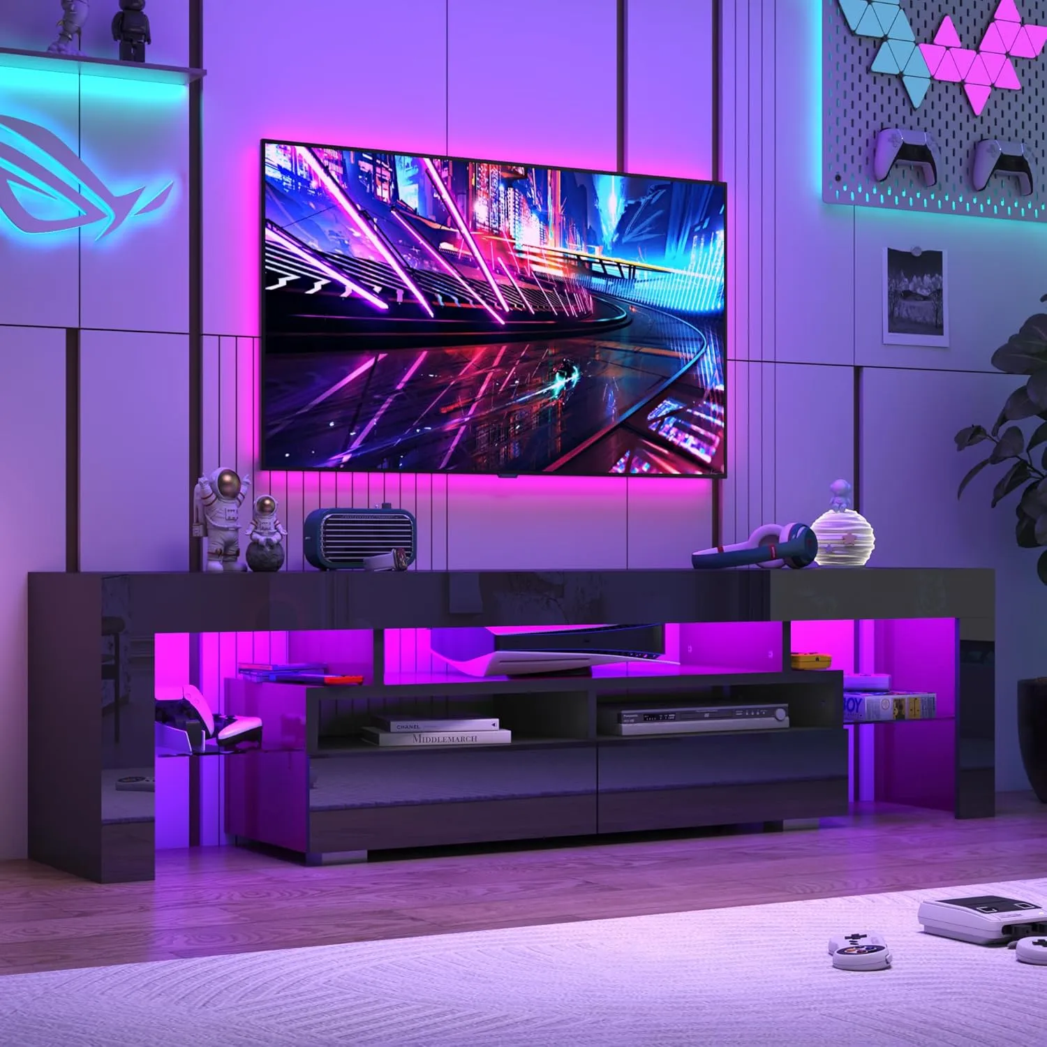 Vinctik 6&Fox Black TV Stand for 55/60/65inch TV,Modern Entertainment Center with 2 Storage Drawers and LED Light, High Glossy TV Console Table Media Furniture(63inch Black)