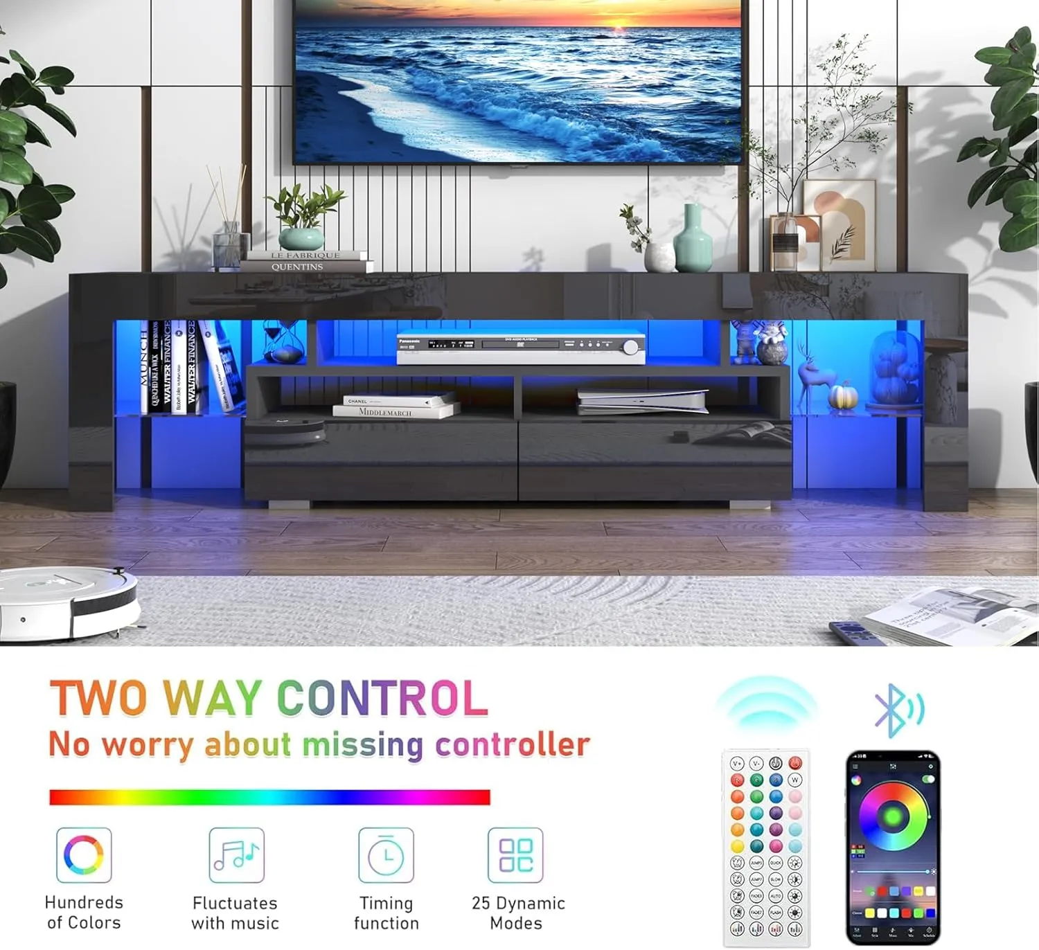 Vinctik 6&Fox Black TV Stand for 55/60/65inch TV,Modern Entertainment Center with 2 Storage Drawers and LED Light, High Glossy TV Console Table Media Furniture(63inch Black)