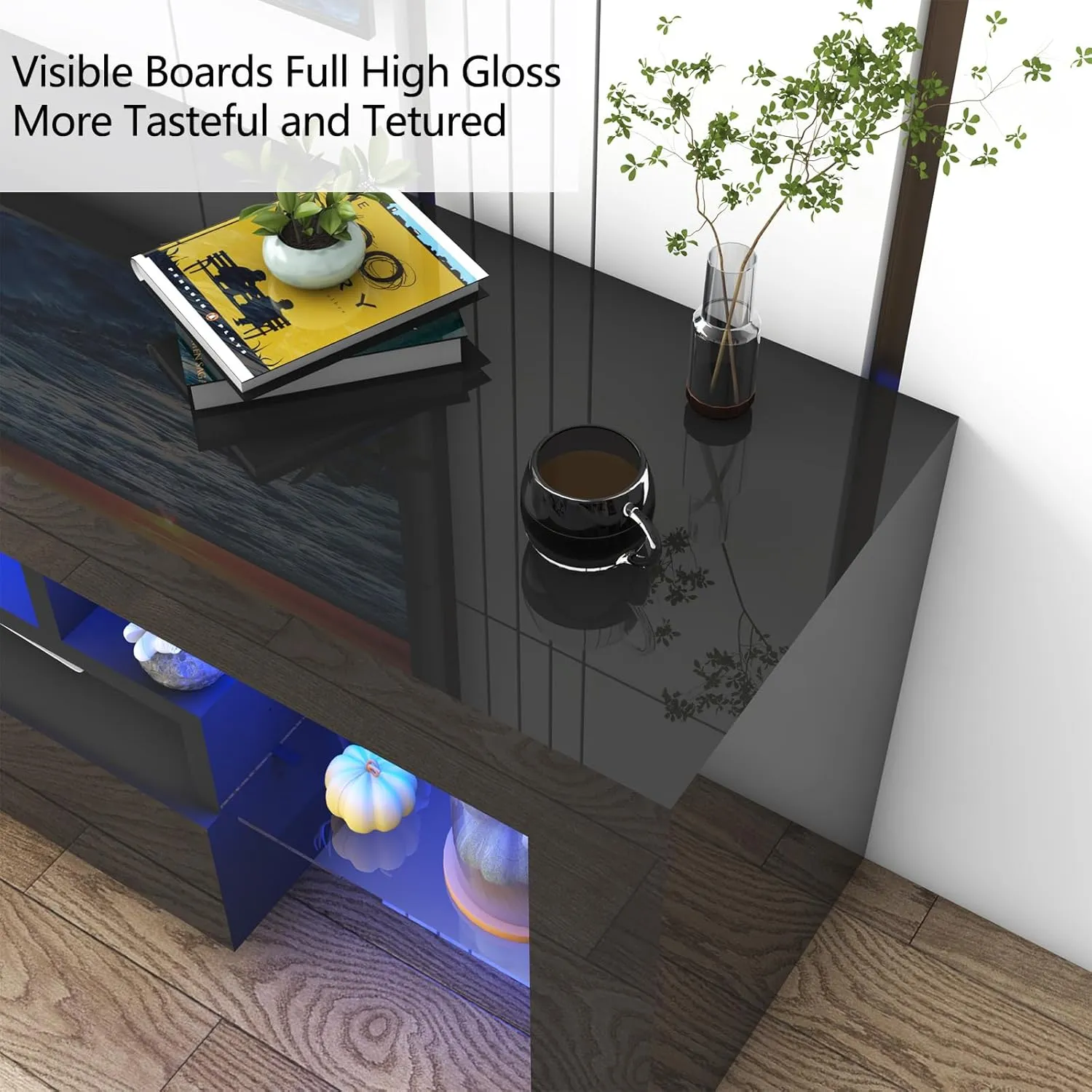 Vinctik 6&Fox Black TV Stand for 55/60/65inch TV,Modern Entertainment Center with 2 Storage Drawers and LED Light, High Glossy TV Console Table Media Furniture(63inch Black)