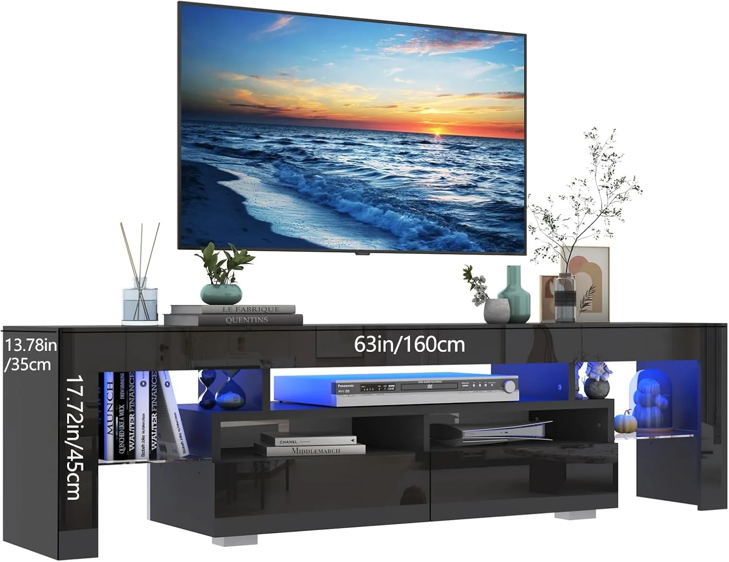 Vinctik 6&Fox Black TV Stand for 55/60/65inch TV,Modern Entertainment Center with 2 Storage Drawers and LED Light, High Glossy TV Console Table Media Furniture(63inch Black)