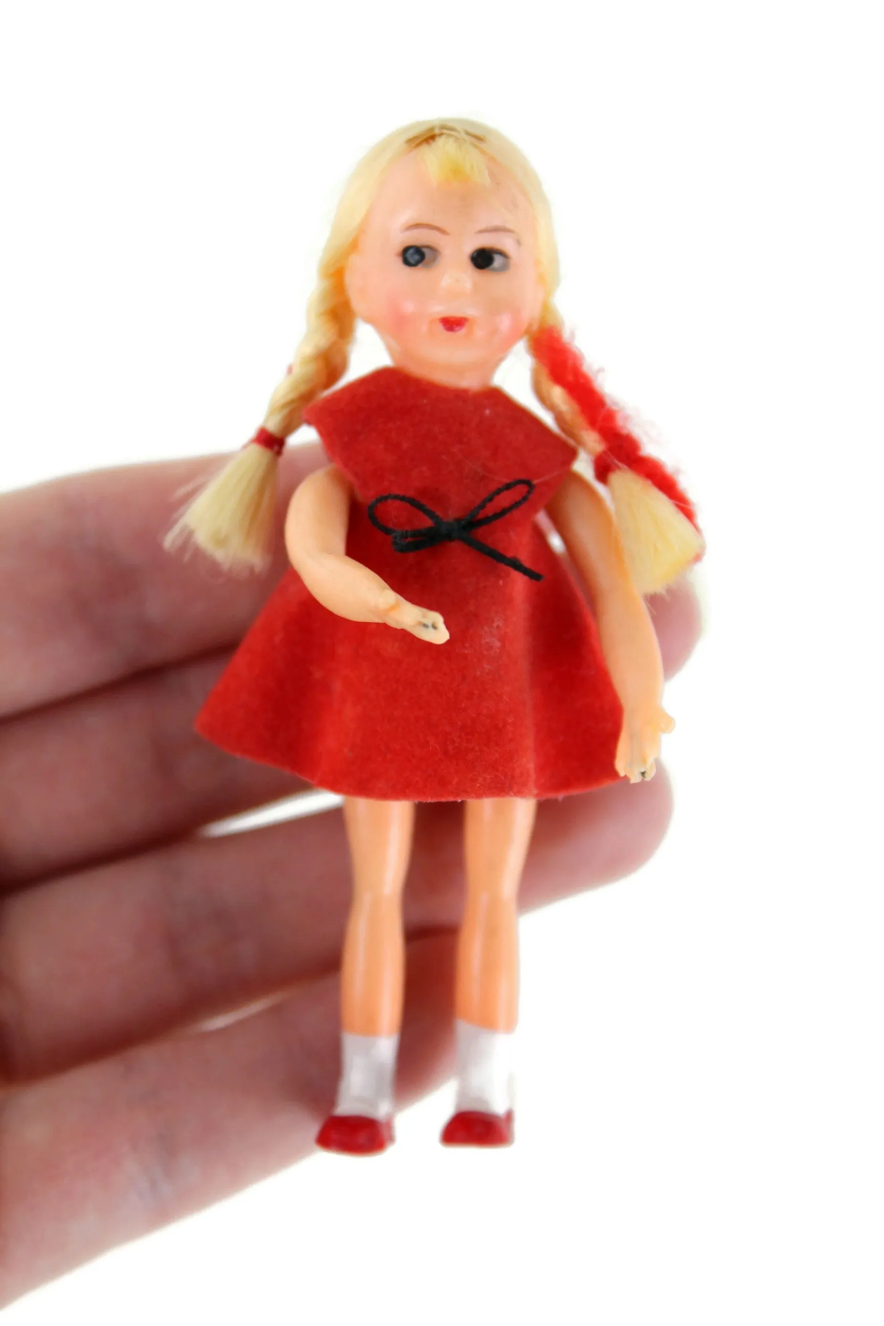 Vintage 1:12 Dollhouse Plastic Girl Daughter Figurine in Red Dress