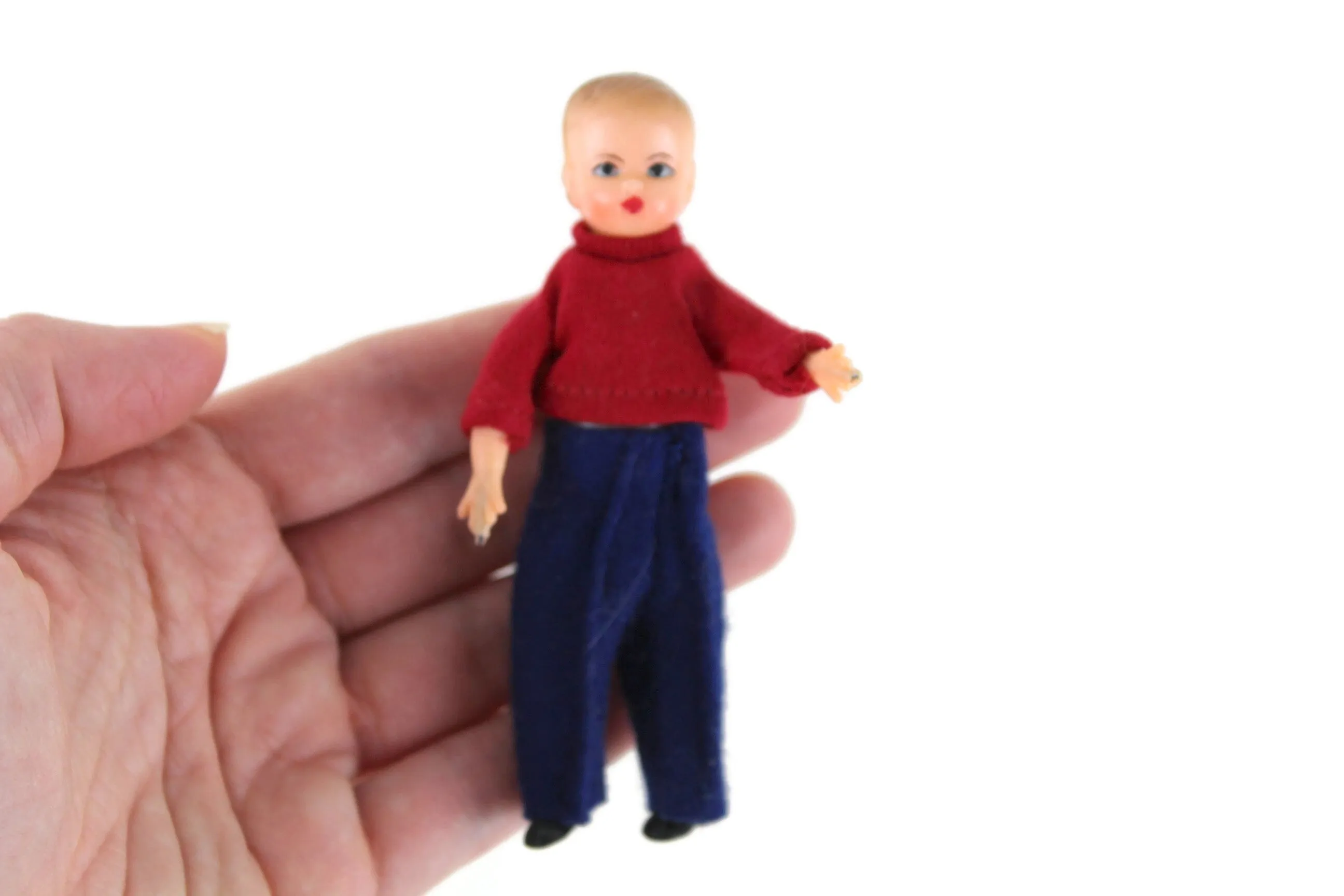 Vintage 1:12 Dollhouse Plastic Girl Daughter Figurine in Red Dress