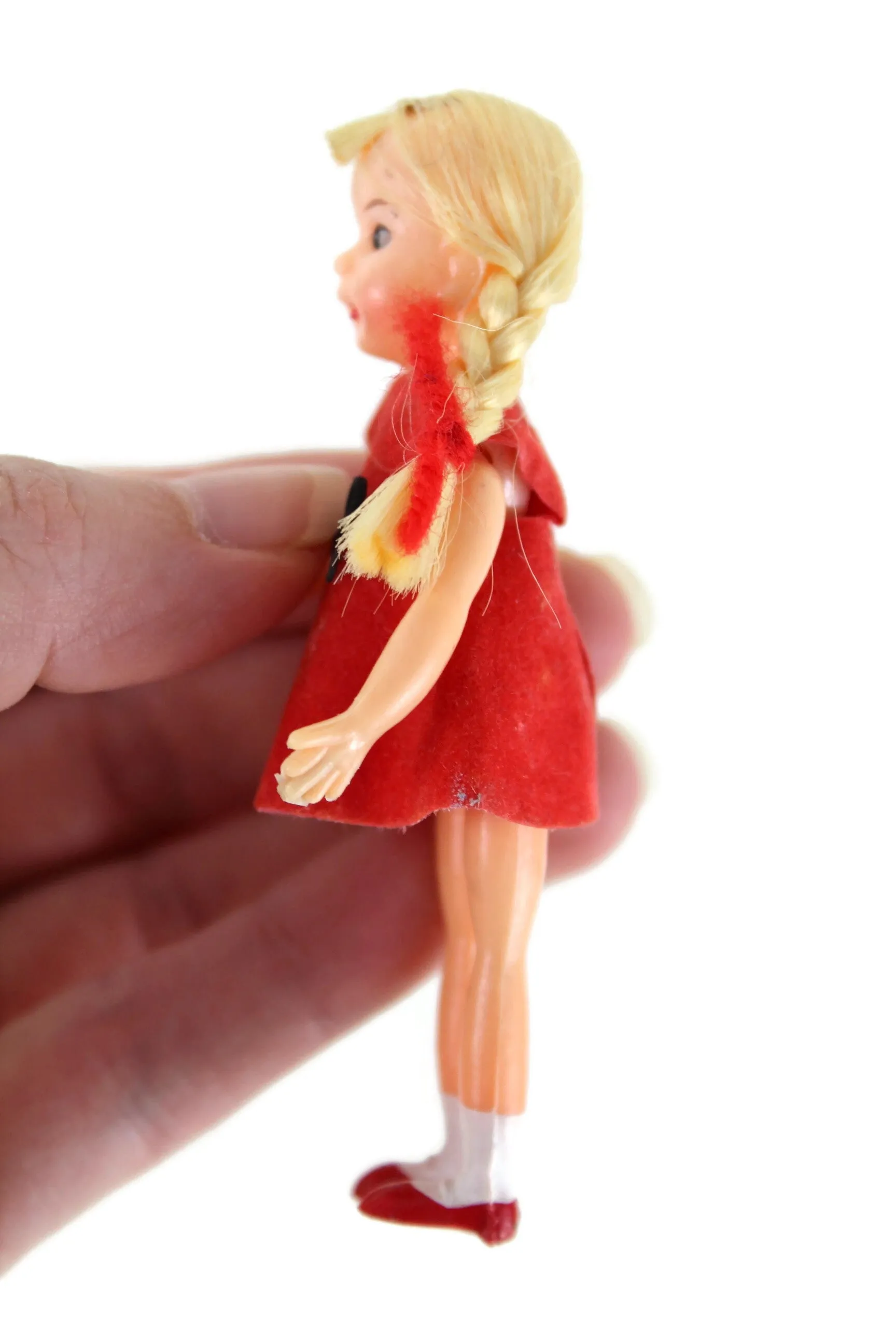 Vintage 1:12 Dollhouse Plastic Girl Daughter Figurine in Red Dress