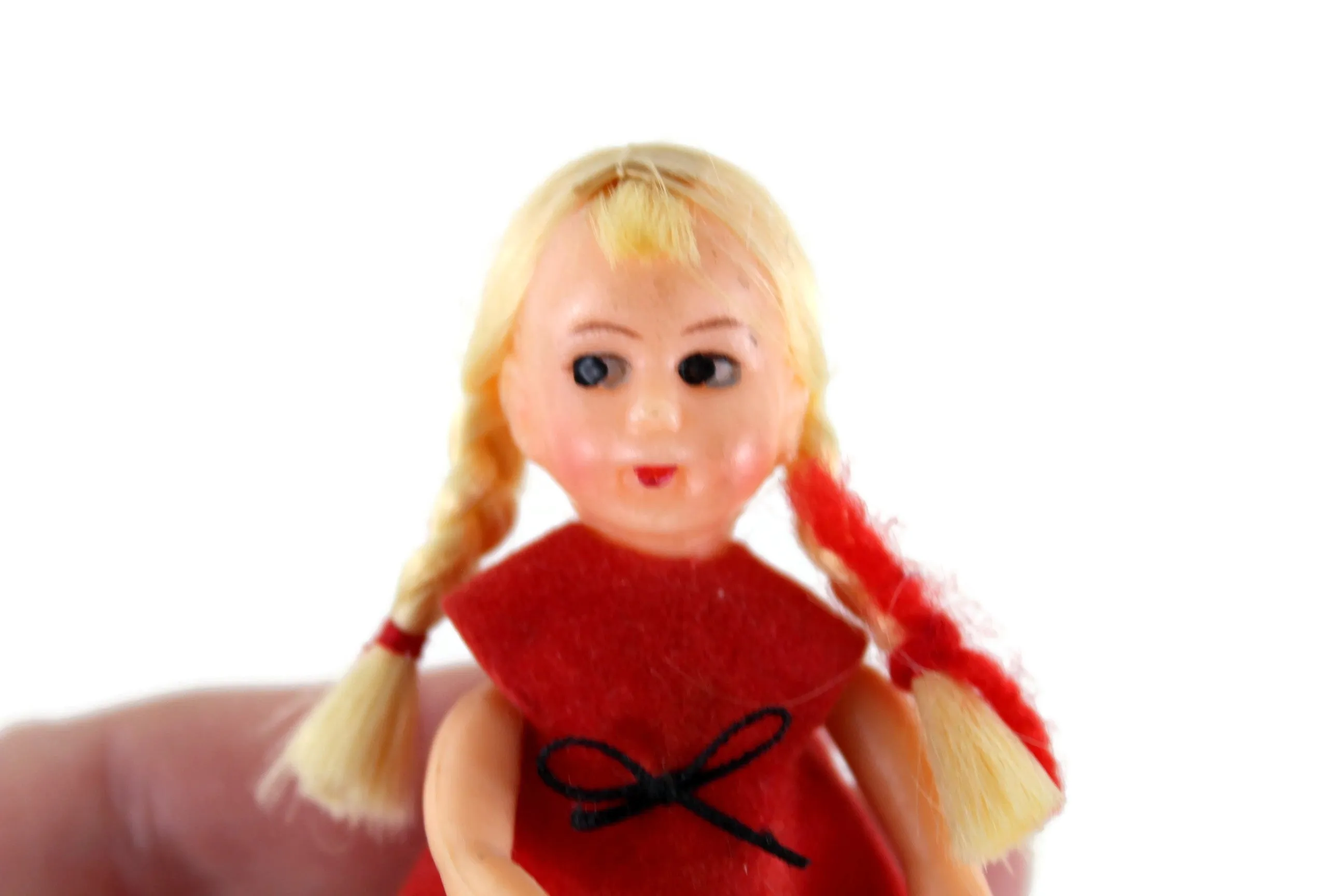 Vintage 1:12 Dollhouse Plastic Girl Daughter Figurine in Red Dress