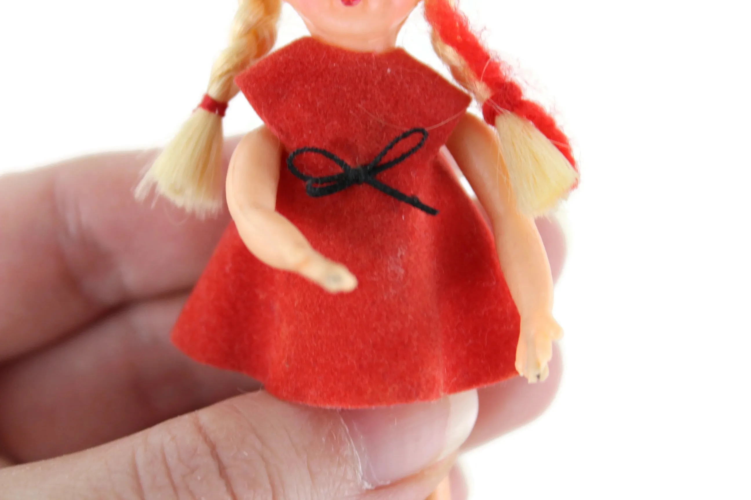 Vintage 1:12 Dollhouse Plastic Girl Daughter Figurine in Red Dress