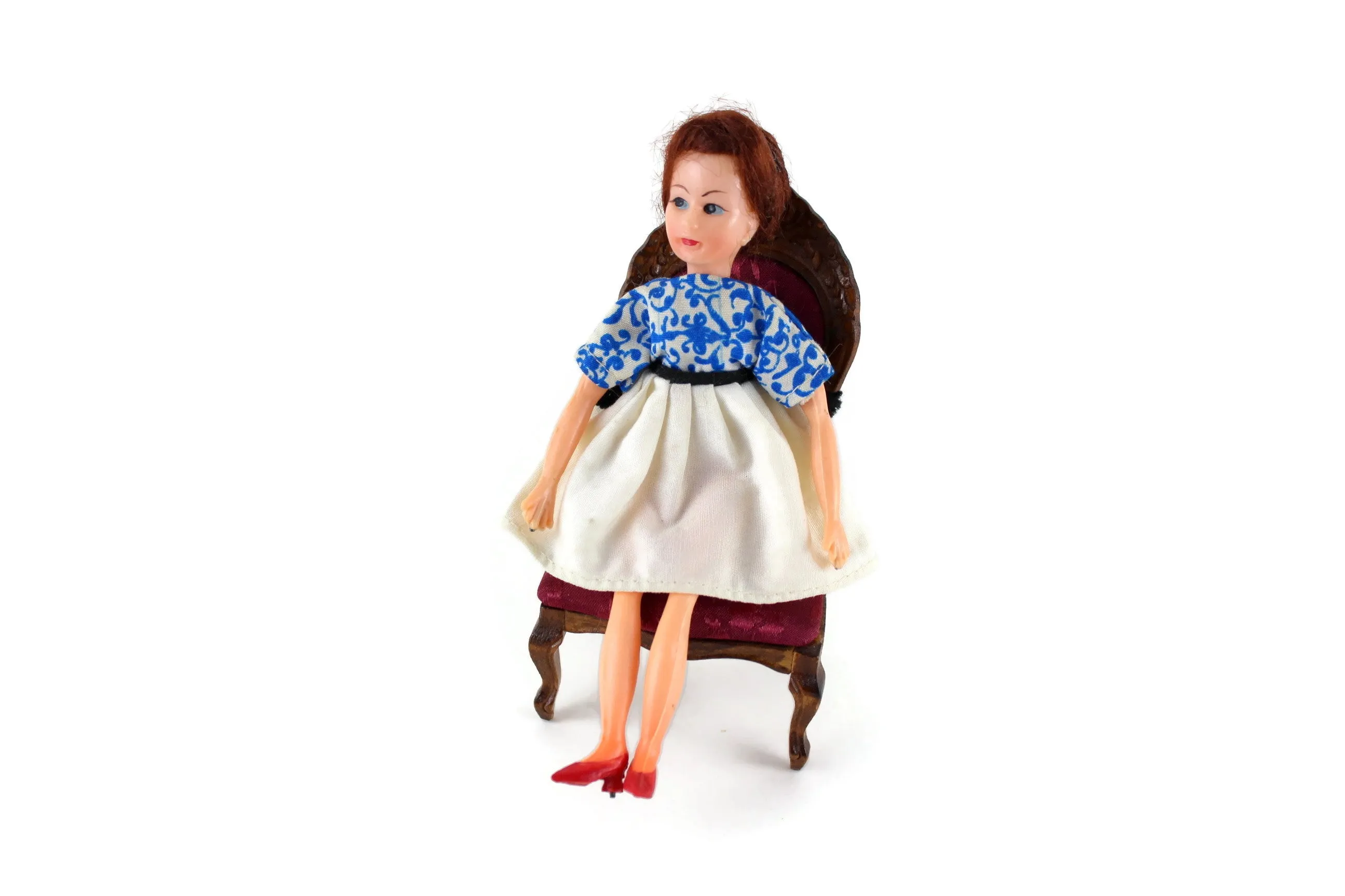 Vintage 1:12 Dollhouse Plastic Girl Daughter Figurine in Red Dress