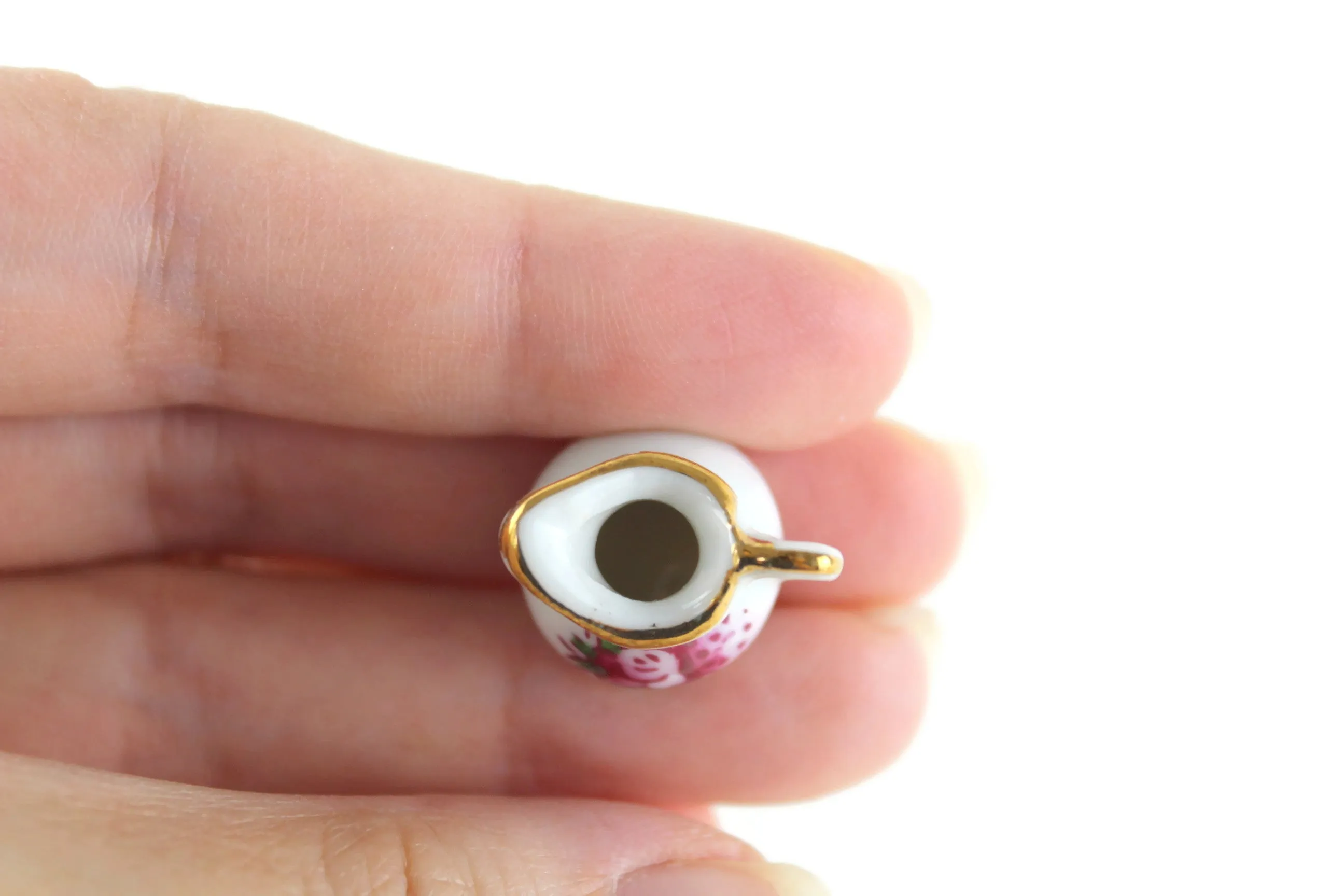 Vintage 1:12 Miniature Dollhouse White Porcelain & Pink Flower Pitcher