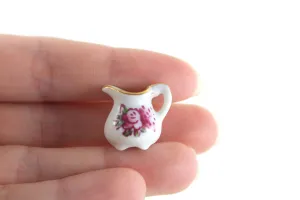 Vintage 1:12 Miniature Dollhouse White Porcelain & Pink Flower Pitcher