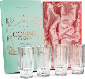 Vintage Art Deco Collins Ribbed Cocktail Glasses | Set of 4 | 14 oz Crystal Highball Glassware for Drinking Mojito, Tom Collins, Classic Hi Ball Bar Drinks | Skinny Tall Barware Tumblers