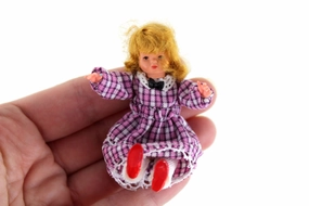 Vintage 1:12 Dollhouse Plastic Girl Daughter Figurine in Pink & Purple Plaid Dress