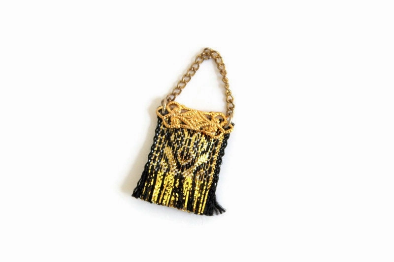 Vintage 1:12 Miniature Dollhouse Black & Gold Purse or Handbag