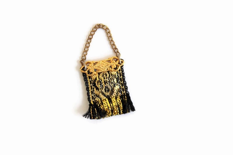 Vintage 1:12 Miniature Dollhouse Black & Gold Purse or Handbag