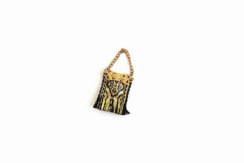 Vintage 1:12 Miniature Dollhouse Black & Gold Purse or Handbag