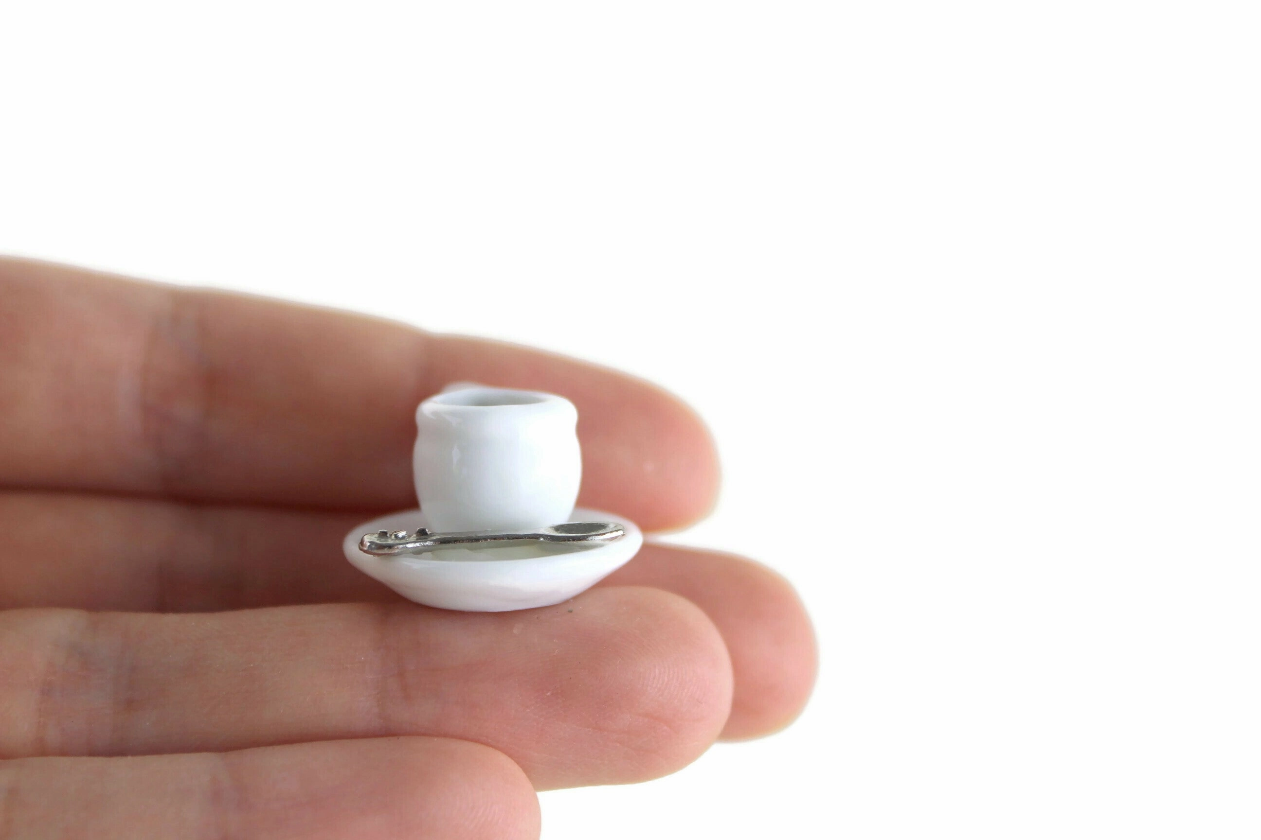 Vintage 1:12 Miniature Dollhouse Black Coffee in White Mug With Saucer & Spoon