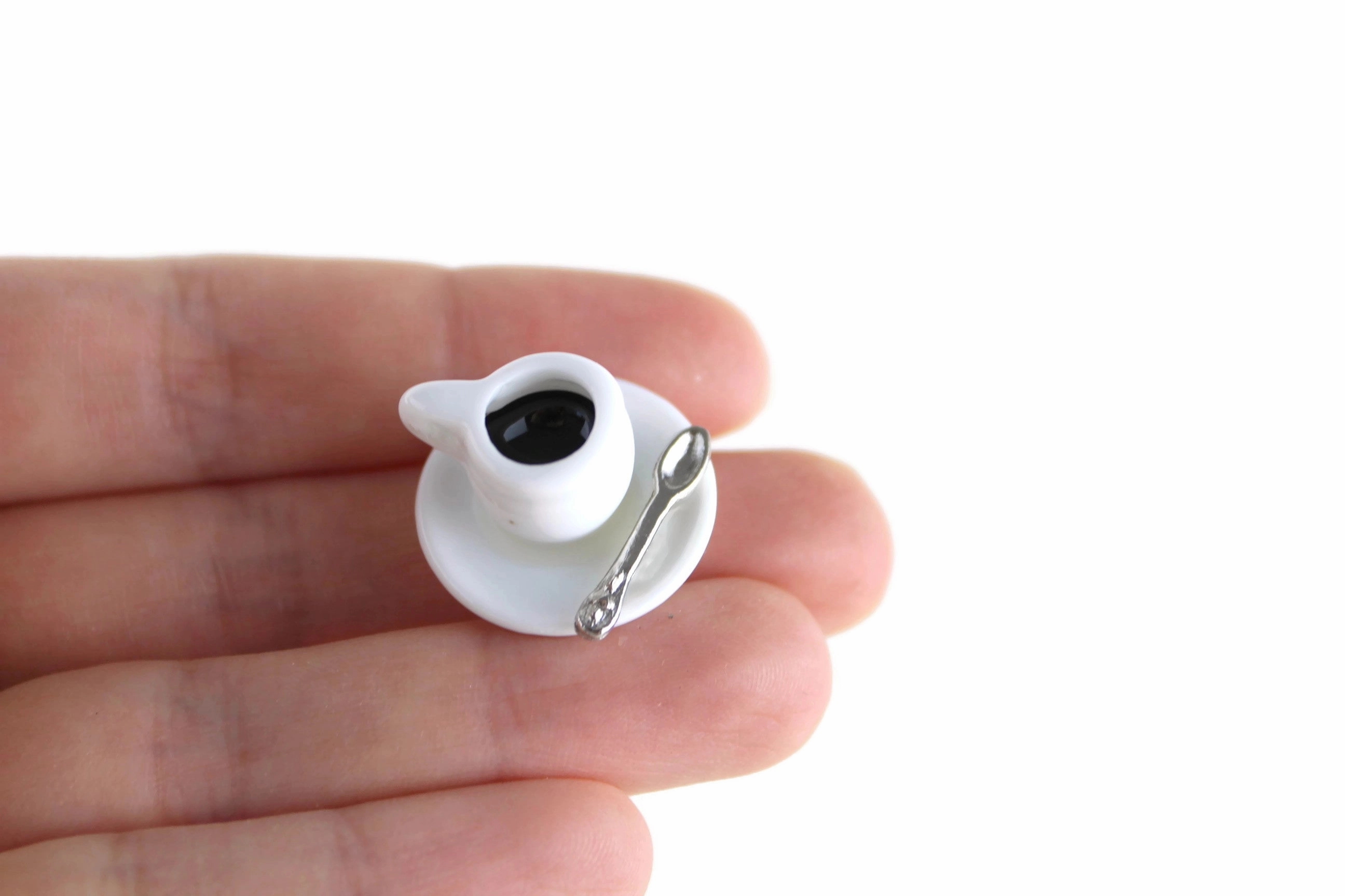 Vintage 1:12 Miniature Dollhouse Black Coffee in White Mug With Saucer & Spoon