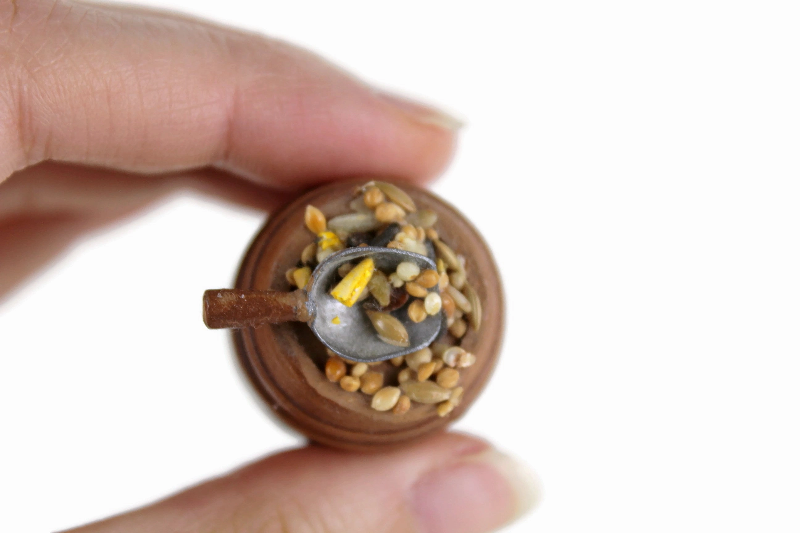 Vintage 1:12 Miniature Dollhouse Wooden Barrel of Birdseed with Scoop