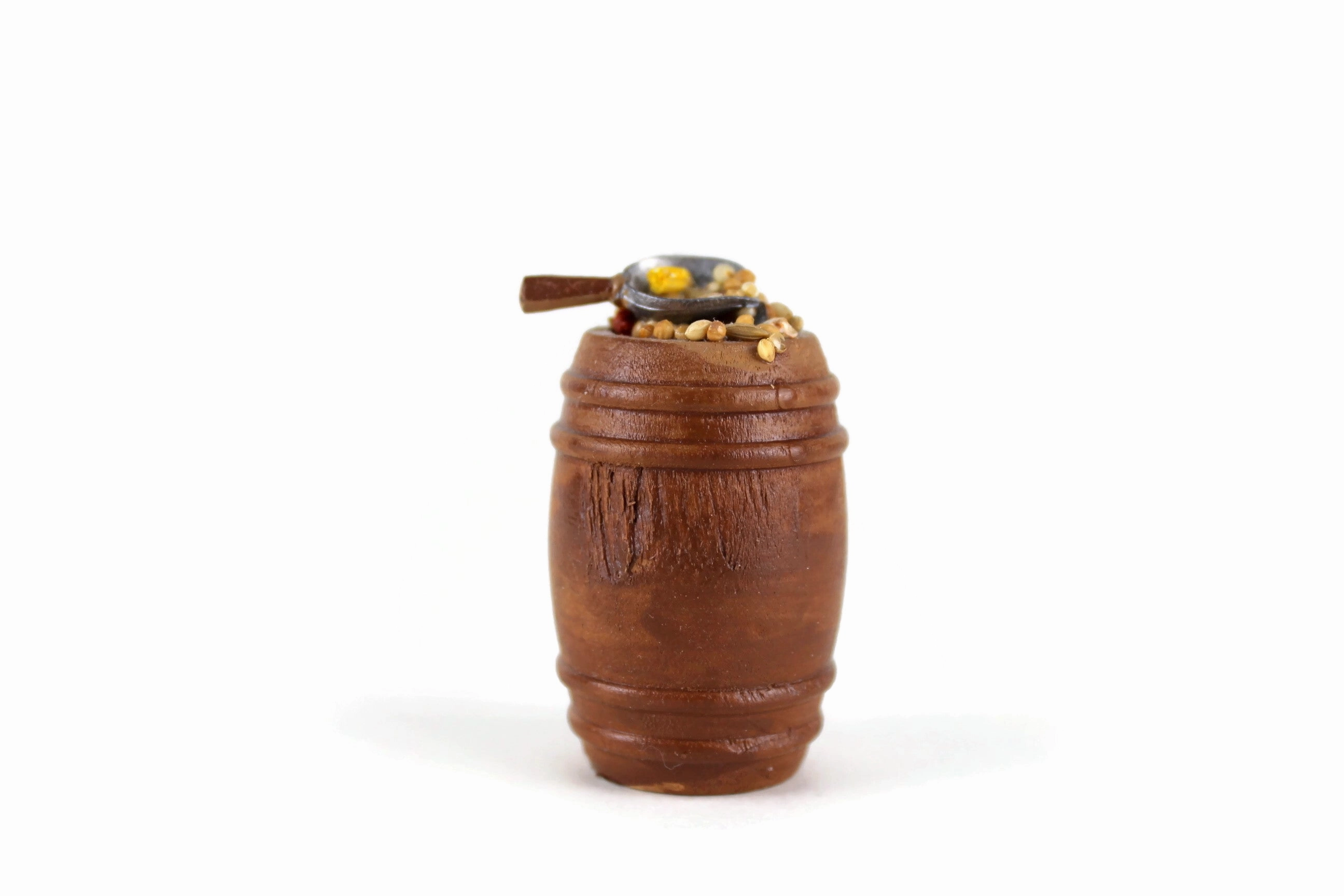 Vintage 1:12 Miniature Dollhouse Wooden Barrel of Birdseed with Scoop
