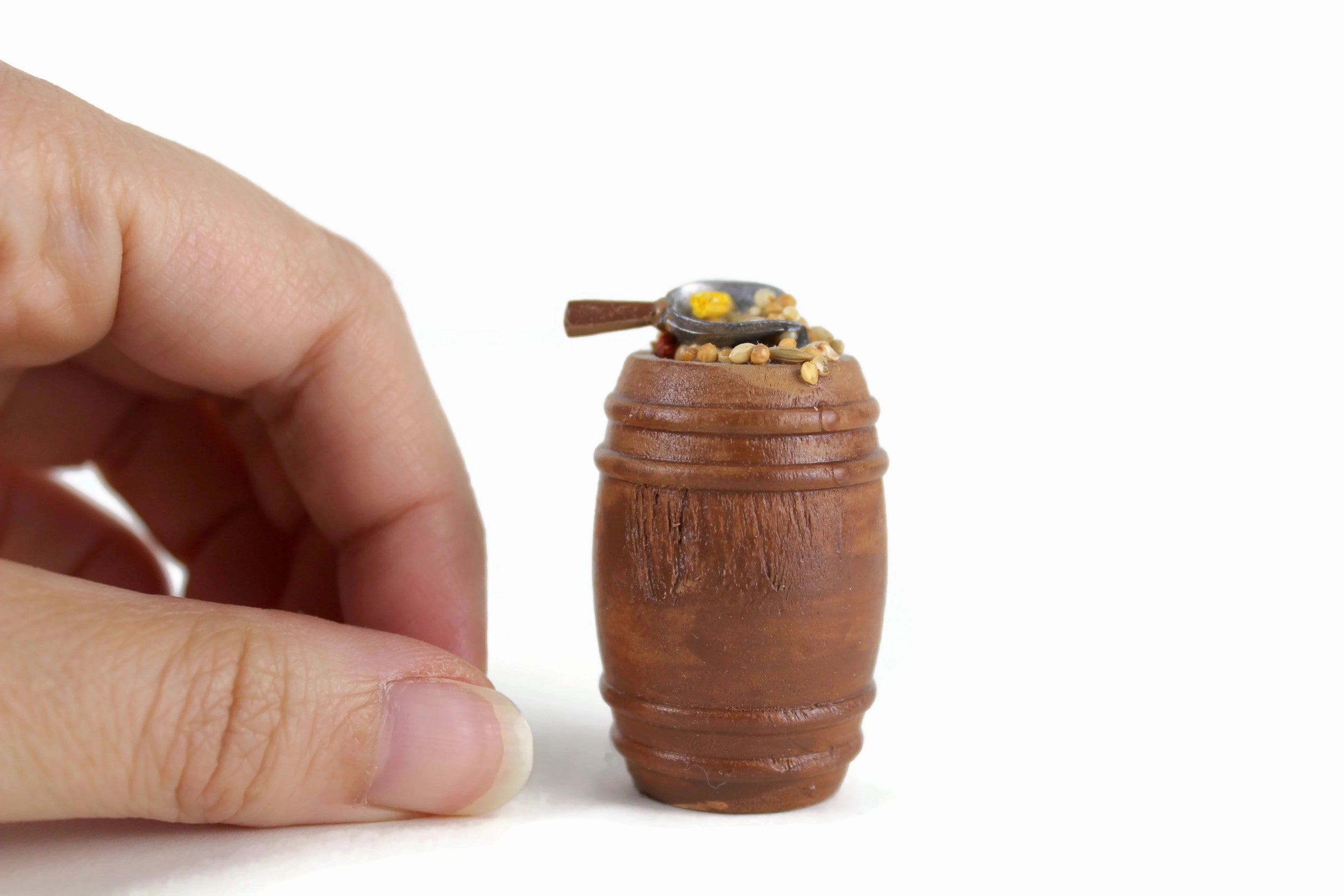 Vintage 1:12 Miniature Dollhouse Wooden Barrel of Birdseed with Scoop