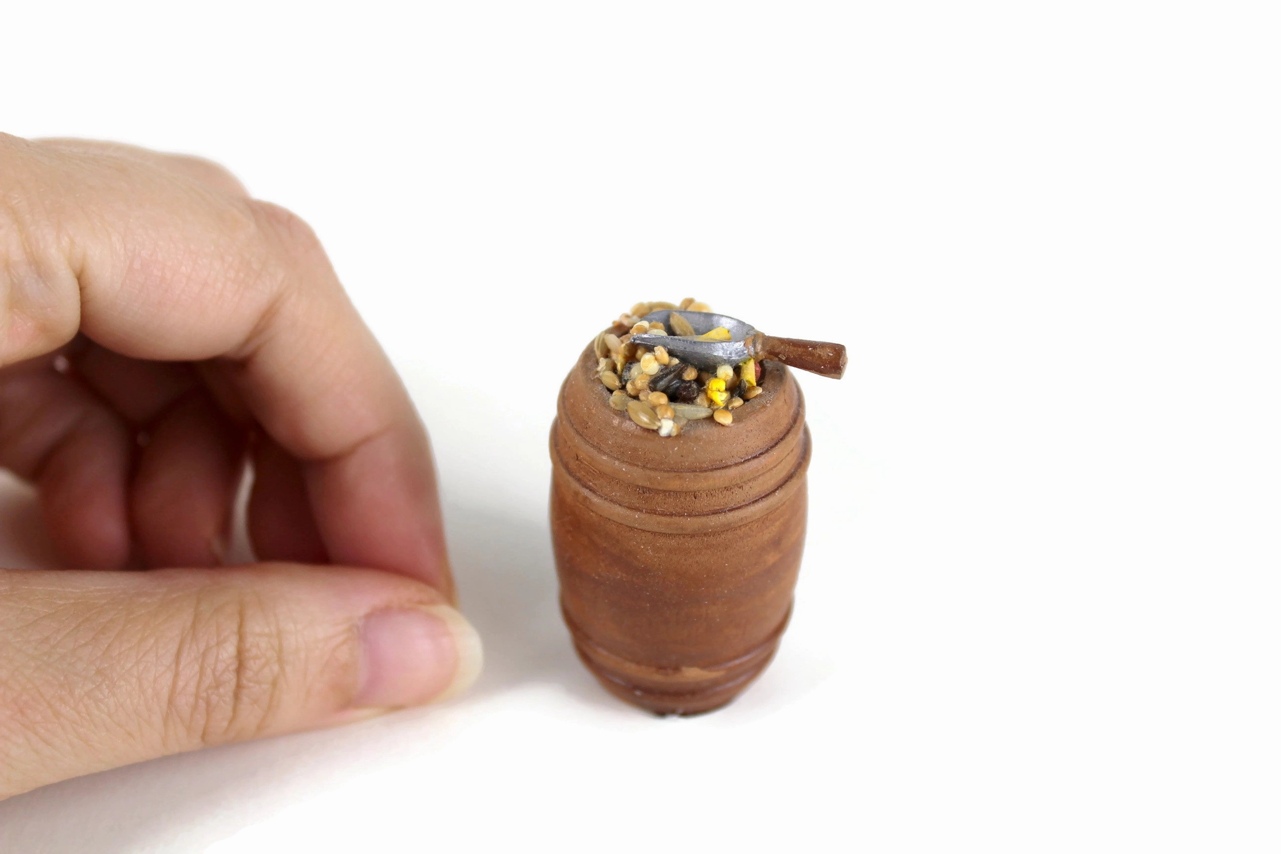 Vintage 1:12 Miniature Dollhouse Wooden Barrel of Birdseed with Scoop